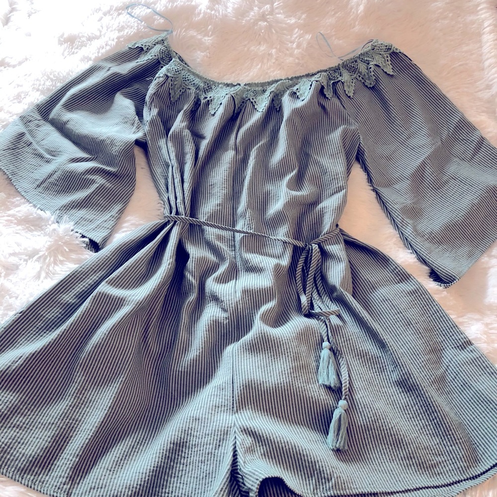 NWT Perfectly Priscilla Sage Striped OTS Romper